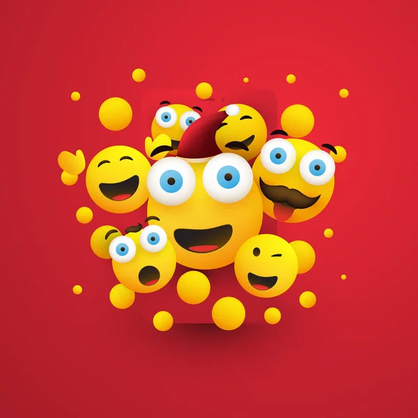 Buon Natale Vari Sorridente Felice Giallo Emoticon Sfondo Rosso Vector — Vettoriale Stock