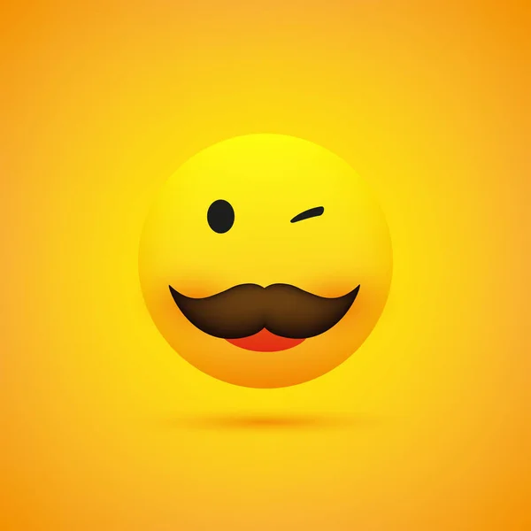 Emoji Sonriente Guiño Emoticono Feliz Simple Con Bigote Fondo Amarillo — Archivo Imágenes Vectoriales