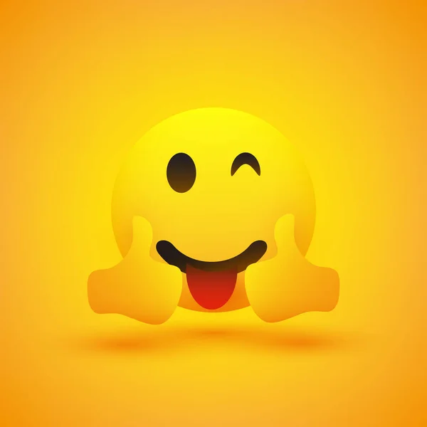 Emoji Sonriente Animador Guiñando Con Lengua Pegada Mostrando Pulgares Dobles — Archivo Imágenes Vectoriales