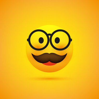 Gözlüklü ve Bıyıklı Emoji - Basit Mutlu Sarı Arkaplan Duygusallığı - Vektör Tasarımı