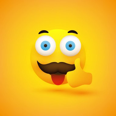 Gülümseyen Emoji - Basit Mutlu Komik Erkek Duygusu Dili ve Bıyığı Çıkmış - Açık Gözler ve Baş Parmakların Yukarı Bakışı - Web ve Uygulamalar İçin Sarı Arkaplanda Vektör Tasarımı
