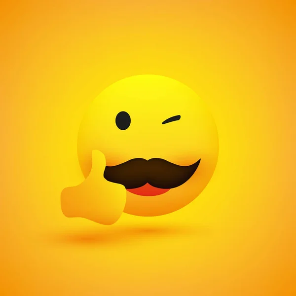 Emoji Sonriente Emoticono Guiño Feliz Simple Con Bigote Mostrando Pulgares — Vector de stock