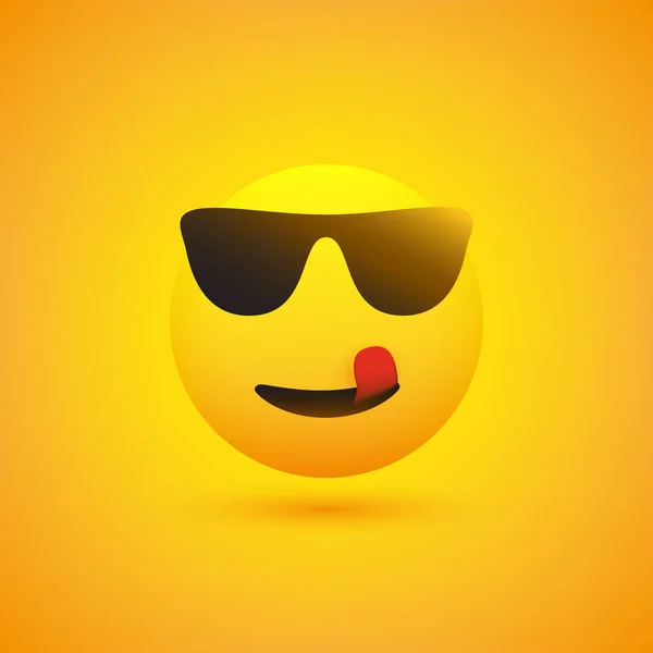 Pozytywne Uśmiechnięte Usta Liżące Hipster Emoji Okularach Przeciwsłonecznych Żółtym Tle — Wektor stockowy