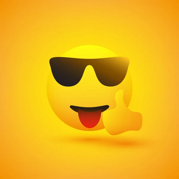 Uśmiechnięta Rozweselająca Falująca Emoji Wyciętym Językiem Okularami Przeciwsłonecznymi Wyświetlane Kciuki — Wektor stockowy