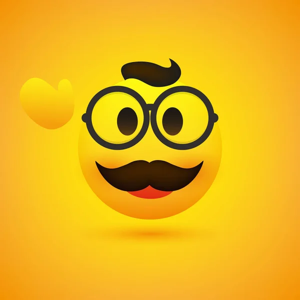 Emoji Sorridente Emoticon Maschile Felice Semplice Con Occhiali Mano Ondulata — Vettoriale Stock