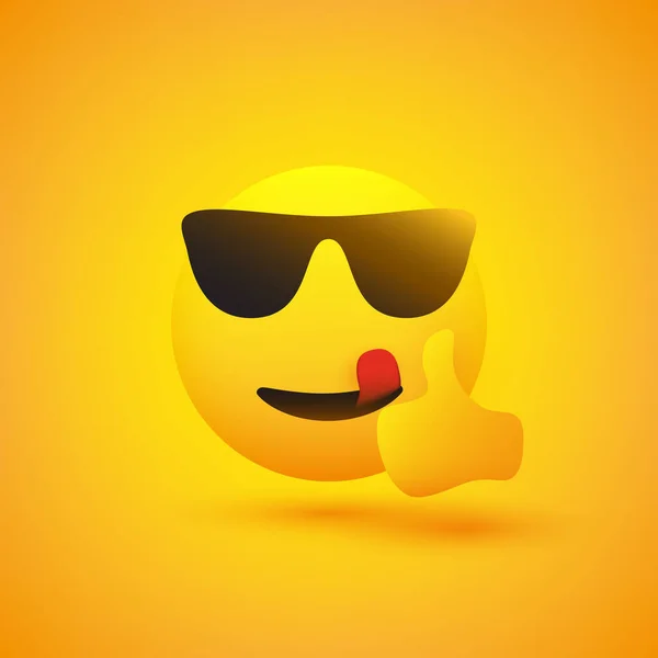 Positivo Sonriente Satisfecho Lamiendo Boca Hipster Emoji Con Gafas Sol — Vector de stock