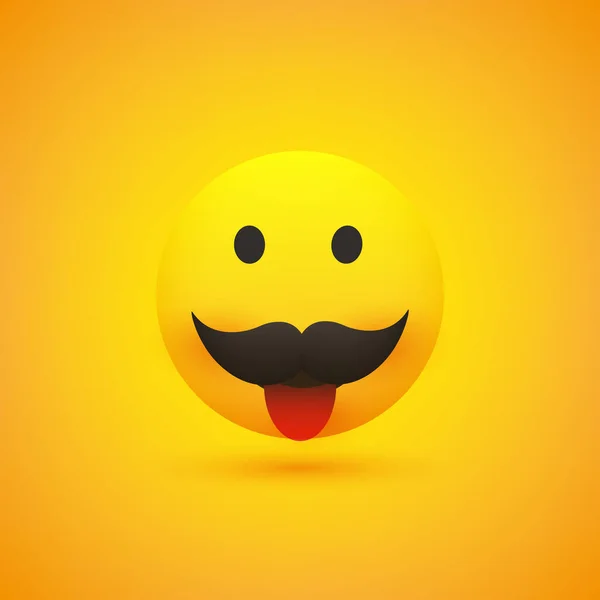 Uśmiechnięty Emoji Simple Happy Emoticon Wyciętym Językiem Wąsami Żółtym Tle — Wektor stockowy