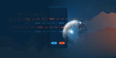 Mobil Aygıtlarda Ticaret ve Yatırım - Cep Telefonu, Diyagram ve Dünya Çevresinde Akan İkili Veriler ile Fintech Konsepti - Fütürist Koyu Mavi Tasarım, Vektör Resimleri