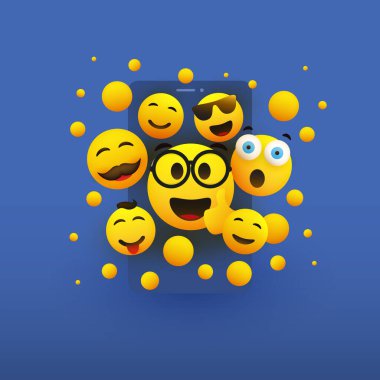 Birçok Yüz, Çeşitli Duygu Simgeleri - Çok Gülen, Gülen, Şaşıran Yüz, Akıllı Telefon Arkasında Sarı Emoji - Anında Mesajlaşma, Sosyal Medya Tasarımı
