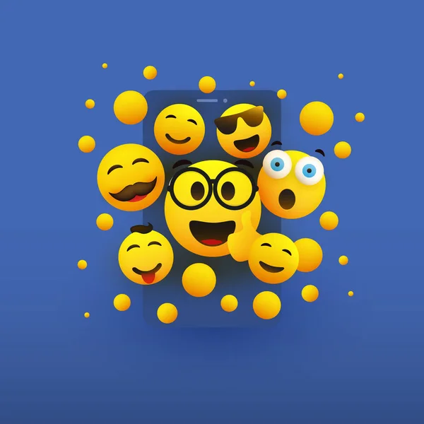 Багато Облич Різні Сміху Посмішки Здивовані Обличчя Жовті Смайлики Екраном — стоковий вектор
