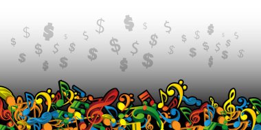 Müzik Para Yapar - Çoklu Renkli 3D Düşmüş Müzik Notaları ve Dolar İşaretleri Yığını Tasarım Düzenlenebilir Vektör Biçiminde Görüntü