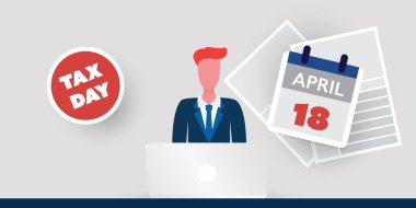 Tax Day Reminder Concept - Tax Day Reminder Concept - Using Internet,App,Web Site for IRS Federal Income Tax Document Return - Businessman Behind a Laptop - USA Tax Deadline, Due Date: 18th April, Year 2023