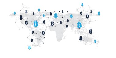 Networks - İş ve Küresel Finansal Bağlantılar, Kripto Para Birimi, Bitcoin Ticaret, Çevrimiçi Bankacılık, Para Aktarım ve Para Aktarım Tasarımı Tasarımı, Bit Sikke Simgeleriyle Vektör Resimleri