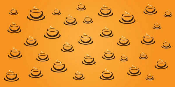 さまざまなサイズのブラウンコーヒーカップやスープボウルのアイコンの多く 幅広いスケールのオレンジの背景にパターン 編集可能なベクトル形式のデザインテンプレート — ストックベクタ