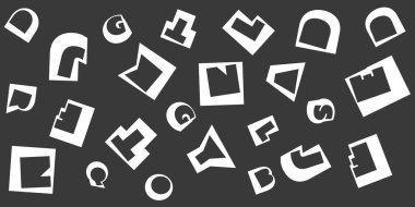 Çeşitli Siyah ve Beyaz Rastgele Yerleştirilmiş, Boyutlandırılmış ve Yönlendirilmiş Art Deco Biçimli Kalın Harfler Deseni - Koyu Geniş Ölçekli Arkaplan Dokuları, Web İçin Tasarım Elemanı veya Düzenlenebilir Vektör Biçimleri