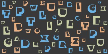 Çeşitli Koyu Renkli Rastgele Yerleştirilmiş ve Boyutlandırılmış Retro Sanat Dekoltesi Harfleri Deseni - Doku, Geniş Ölçekli Arkaplan, Web için Tasarım Elemanı, Düzenlenebilir Vektör Biçimi