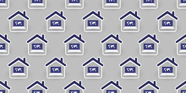 青い家のアイコンの列 多くの建物の形 ラップトップでシームレスな家のテクスチャ ベクトル背景デザイン ウェブサイト プラカード ポスター パンフレット 世界中の接続された家 インターネットのコンセプト — ストックベクタ