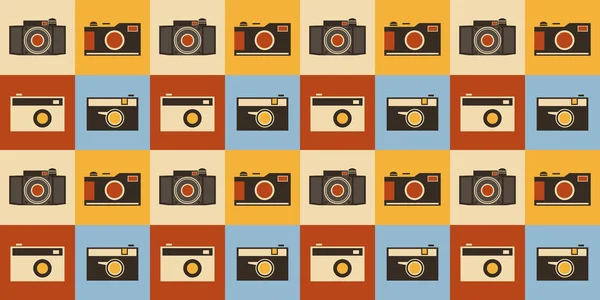 Set Many Various Retro Style Cameras Pattern Red Brown Blue — Stockvector