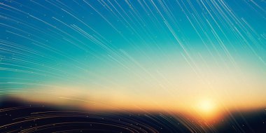 Renkli Eğrilik, Akan 3D Enerji Hatları, Bulanık Yıldızlar veya Parçacıkların Sunset Gökyüzündeki Hareketi - Altın Parlayan Gökyüzü, Astronomi Kavramı Arkaplan, Üretici Sanat, Yaratıcı Şablon, Vektör Kaplaması