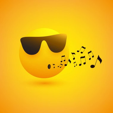 Şarkı Söyleyen ya da Islık çalan Emoji - Duygusal Yüz Sarı Arkaplanda Güneş Gözlüğü Takan - Vektör Tasarımı Konsepti