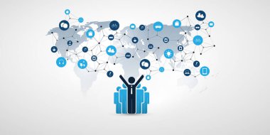 Cloud Computing and Networks Design Concept with Standing Happy Business Men and Icons - Dijital IoT Ağ Bağlantıları, Teknoloji Arkaplanı