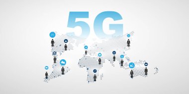 3B Dünya Haritası, İnsanlar ve Simgelerle Yükselen 5G Ağ Etiketi - Yüksek Hız Genişletici Telekomünikasyon ve Kablosuz İnternet Tasarımı, Yeni Kesme Kenarı Küresel Mobil Teknoloji Konsepti