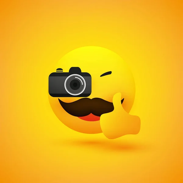 Simple Happy Smiling Mężczyzna Fotograf Emoji Wąsami Patrząc Robienie Zdjęć — Wektor stockowy