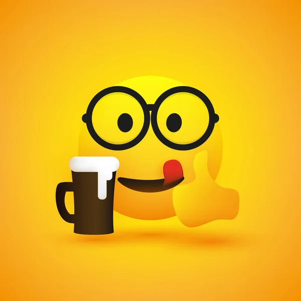 Smiling Geek Emoji Wearing Glasses Showing Thumbs Simple Cheering Mouth — Stock Vector