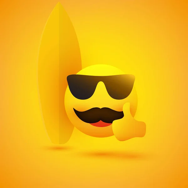 Smiling Emoji Simple Happy Cheerful Male Surfer Emoticon Met Snor — Stockvector