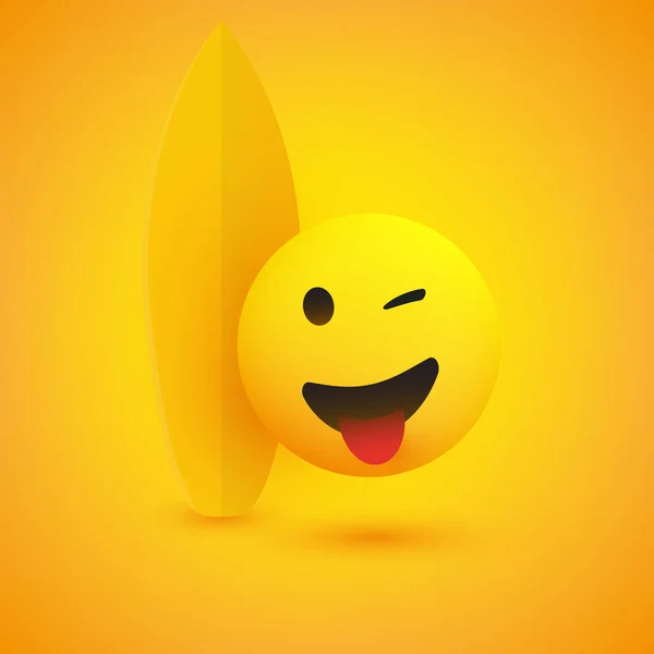 Απλό Happy Cheerful Winking Male Surfer Emoticon Δίπλα Μια Σανίδα — Διανυσματικό Αρχείο