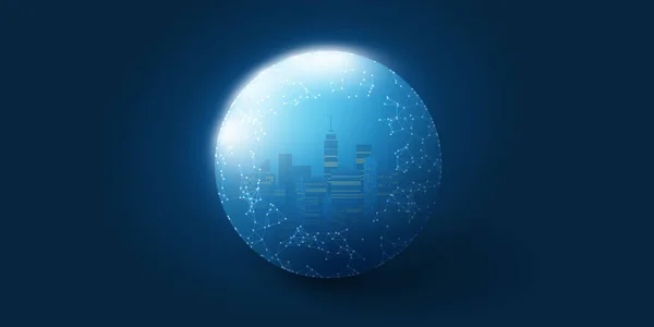 Cityscape Globe Dark Blue Background Network Mesh High Speed Broadband — Wektor stockowy