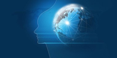 Fütürist Makine Öğrenme, Yapay Zeka, Bulut Hesaplama ve Ağ Tasarımı Dünya Küresi, Geometrik Ağ Ağı Ağı ve İnsan veya Robot Profil Yüzü Silueti