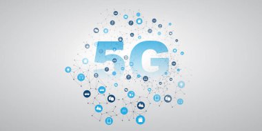 Ağ Ağları ile 5G Etiketi, Çeşitli Dijital Hizmetleri Temsil eden Simgeler - Yüksek Hız Genelkurmay Telekomünikasyonu ve Kablosuz İnternet Tasarımı, Yeni Kesme Sınırı Küresel Mobil Teknoloji Konsepti