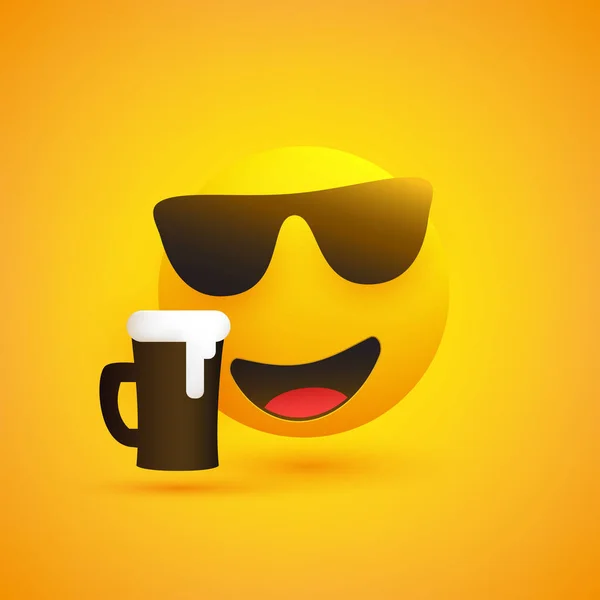 Усміхнені Смайлики Сонцезахисних Окулярах Простий Блискучий Щасливий Смайлик Пивом Жовтому — стоковий вектор