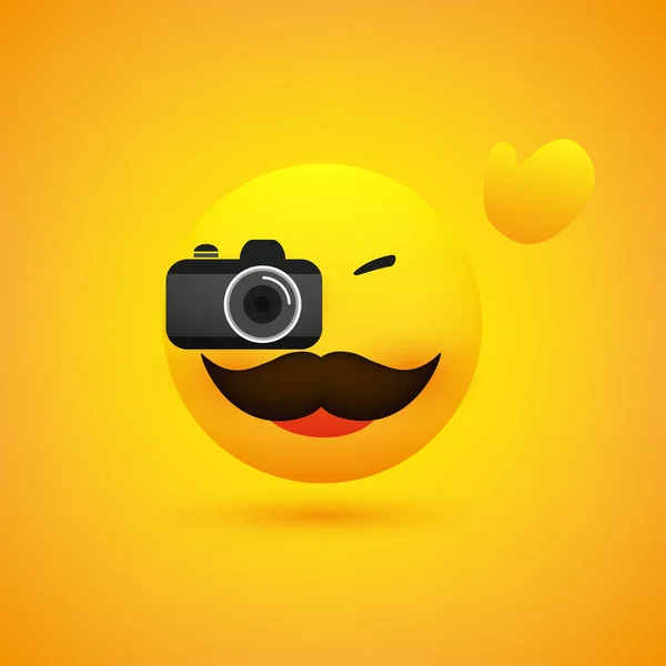 Einfach Glücklich Lächelnd Winkende Männliche Fotograf Emoji Mit Schnurrbart Blick — Stockvektor