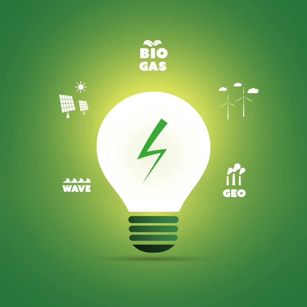 Sürdürülebilir Kaynaklar Yenilenebilir Yeniden Kullanılabilir Yeşil Enerji Konsepti Parlayan Ampul — Stok Vektör