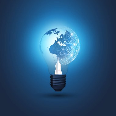 Abstract Cloud Computing, Electric and Global Network Connections Concept Design with Earth Globe Inside a Glowing Light Bulb and Transparent 3D Geometric Polygonal Mesh Around  - Vector Illustration