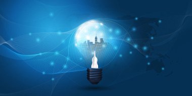 Cloud Computing, Electric and Global Network Connections Concept Design with City Skyline Inside a Glowing Light Bulb, Transparent Geometric Mesh and World Map - Illustration in Editable Vector Format