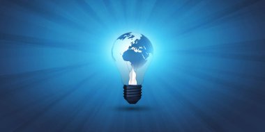 Blue Eco Light Bulb, Green Ideas Concept Design Template with Copy Space - Earth Globe, World Inside a Glowing Light Bulb and Rays of Light - Modern Style Illustration in Editable Vector Format