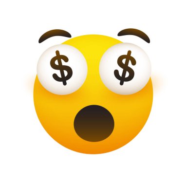 Zengin Oldum - Açık Ağızlı Komik Gülümseyen Emoji ve Patlayan Gözlerdeki Dolar İşaretleri - Basit Mutlu Duygular, Beyaz Arkaplanda İzole edilmiş Güleryüz