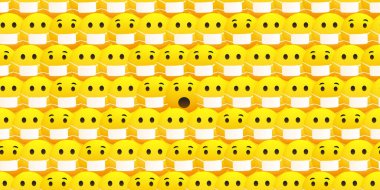 Değişik Sarı Yoğun Mutsuz Görünümlü Duygu Simgelerinin Örnekleri Merkezde Tıbbi Maskesi Olmayan Şaşkın Maske Takıyor - Vektör Tasarımı