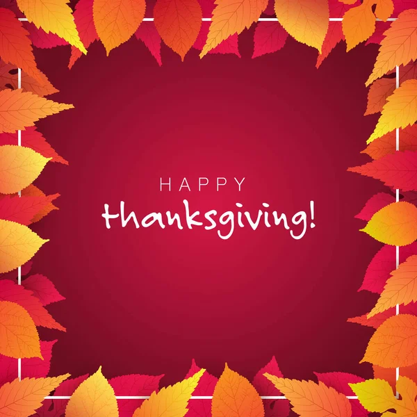 カラフルなハッピー感謝祭カードのレイアウト 赤と黄金の秋の紅葉のフレームを持つ広告デザインテンプレート赤の背景に葉 — ストックベクタ