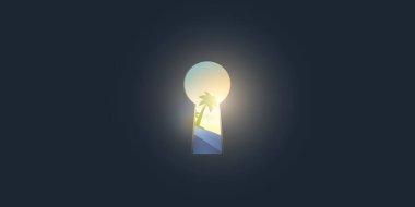 Hope, Curiosity, Dreaming or New Idea Concept - Key Hole Shaped Exit on Dark Blue Wall, Sun Light, Palm Tree, Sea, Tropical Island Outside - İş İçin Şablon, Düzenlenebilir Tasarım