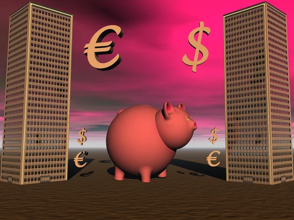 Porco e euro e dólar — Fotografia de Stock