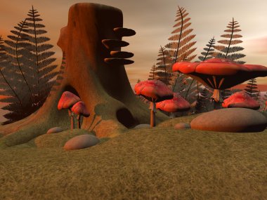 mantar ve ağaçlar ve çiçekler