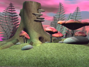 mantar ve ağaçlar ve çiçekler