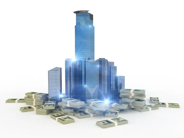 Dollars stacks around bussiness city center — Stock Photo, Image