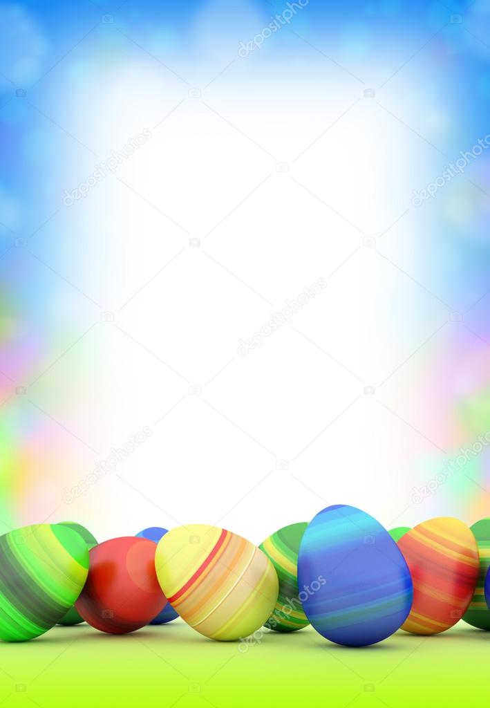 Colorful Easter eggs on blue sky background frame