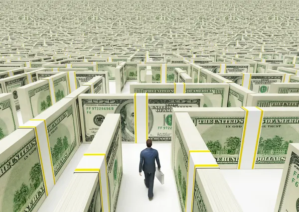 Geschäftsmann in einem Labyrinth aus 100 USD-Banknoten. hochauflösendes 3D-Rendering. — Stockfoto