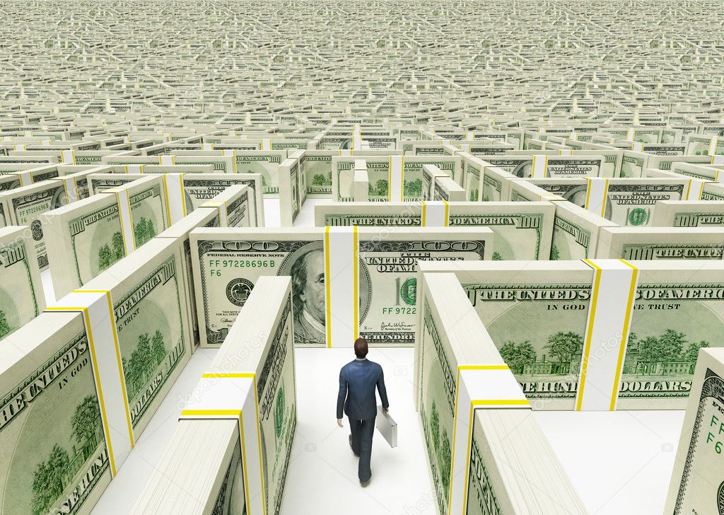 Businessman in Financial Maze Labyrinth made of 100 usd banknotes. High resolution 3D rendering.